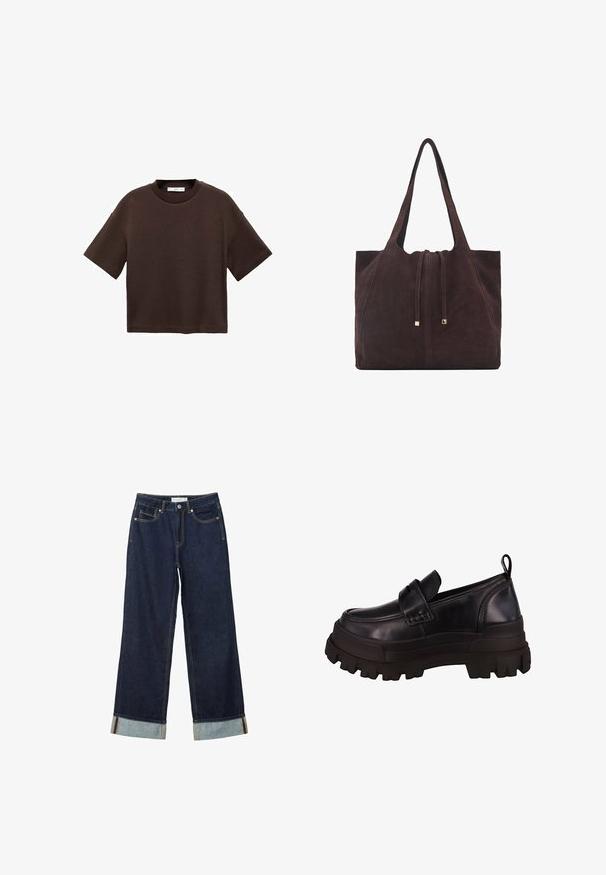 Brun kortärmad t-shirt i mjuk bomull. Har en rund halsringning och en boxig passform, med en slät textur och inga synliga mönster.; Mörkblå vida jeans med hög midja, utrustade med uppvikta fållar, kontrasterande sömmar och femficksdesign. Tillverkade av denimtyg.; Svarta läderslutskor med kraftig gummi-sula, rund tå och ett dekorerande band över ovansidan. Texturerad detaljering på sidorna.; Mango Shoppingväska - dark brown