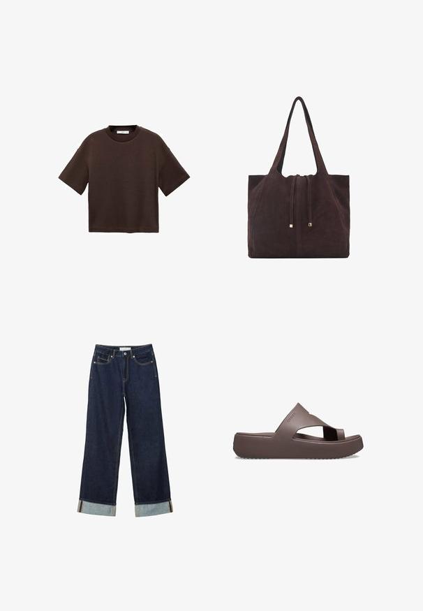 Bruine T-shirt met korte mouwen, gemaakt van zachte katoen. Heeft een ronde halslijn en een recht model, met een gladde textuur en geen zichtbare patronen.; Donkerblauwe wijde jeans met een hoge taille, voorzien van omgeslagen manchetten, contrasterende stiksels en een vijf-pocket ontwerp. Gemaakt van denim stof.; Bruine platform sandalen van rubbermateriaal, met een kruisriemontwerp, open teen en een geborstelde zool voor grip. Logo aan de zijkant.; Mango Shopper - dark brown