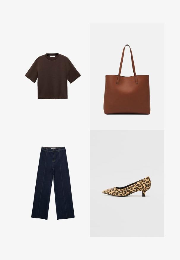 Braun t-Shirt mit kurzen Ärmeln aus weicher Baumwolle. Verfügt über einen runden Ausschnitt und einen kastigen Schnitt, mit einer glatten Textur und ohne sichtbare Muster.; Weite dunkle Jeanshose mit Kontrastnähten, hoher Taille und geradem Schnitt. Verfügt über Fronttaschen und einen klassischen Knopfverschluss.; Marco Tozzi Pumps - beige; Braune Leder-Tote mit glatter Textur, offenem Oberteil und zwei Schulterriemen. Verfügt über minimale Nähte und keine sichtbaren Beschläge.