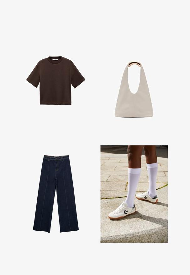 Hnedé tričko s krátkym rukávom vyrobené z mäkké bavlny. Má okrúhly výstrih a voľný strih, s hladkou textúrou a bez viditeľných vzorov.; Široké nohavice z tmavého denim materiálu s kontrastným prešívaním, vysokým pásom a rovnym strihom. Obsahujú predné vrecká a klasické zapínanie na gombík.; Biele športové topánky s textúrovaným povrchom, čiernymi akcentmi a hnedou gumovou podrážkou, skombinované s bielymi ponožkami po kolená.; Svetlosivá kožená taška s U-tvarom a zakrivenou kovovou rukoväťou. Hladký povrch s minimálnym prešívaním a bez viditeľných vzorov.