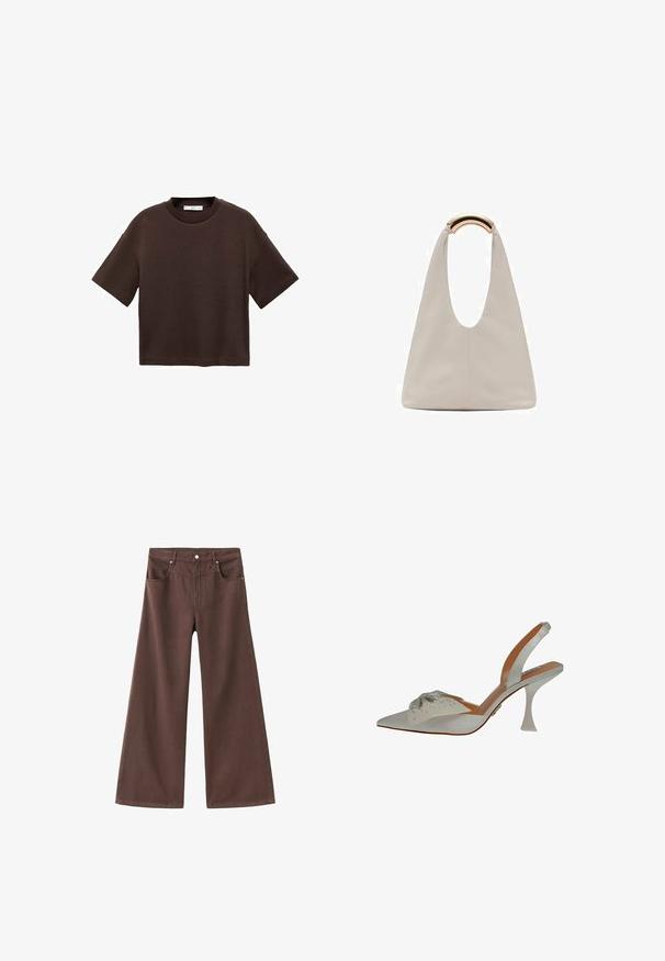 Brown short-sleeve t-shirt made of soft cotton. Features a round neckline and a boxy fit, with a smooth texture and no visible patterns.; Brown wide-leg jeans made of denim. Features five pockets, a zip fly, and metal rivets. Smooth texture and classic design.; White satin slingback shoe, pointed toe, embellished with silver beading. Features a slim, clear heel and a textured, decorative detail on the upper.; Light gray leather bag with a U-shaped design and a curved metallic handle. Smooth texture with minimal stitching and no visible patterns.