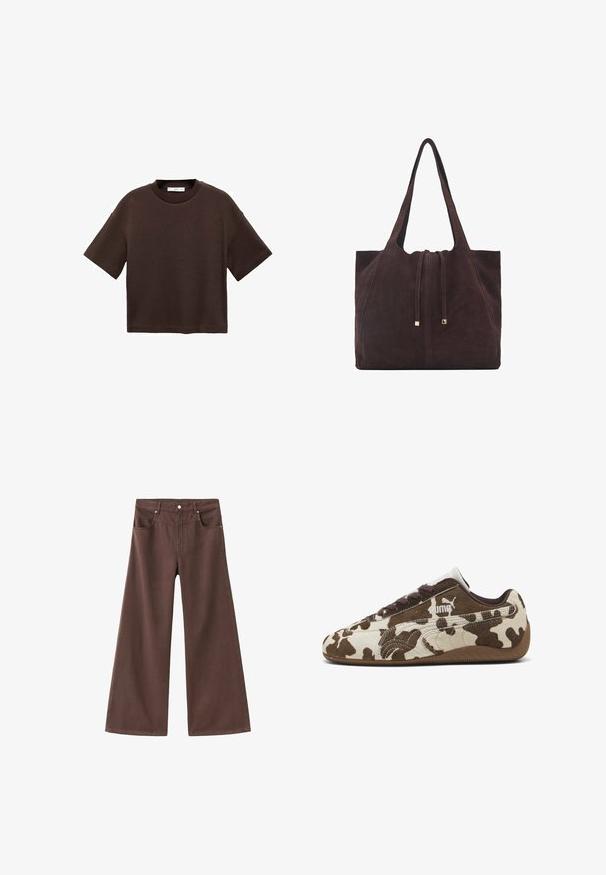 Braun majica s kratkimi rokavi, izdelana iz mehkega bombaža. Ima okroglo ovratnico in širok kroj, z gladko teksturo in brez vidnih vzorcev.; Rjavi široki džins hlače iz denima. Imajo pet žepov, zadrgo in kovinske zakovice. Gladka tekstura in klasična zasnova.; Teniske s kravatoj v vzorcu krave v rjavi in smetani barvi, izdelane iz semiša, okrogel nos in gumijast podplat. Imajo vezalke in logo Puma na strani.; Mango Torba za nakupovanje - dark brown