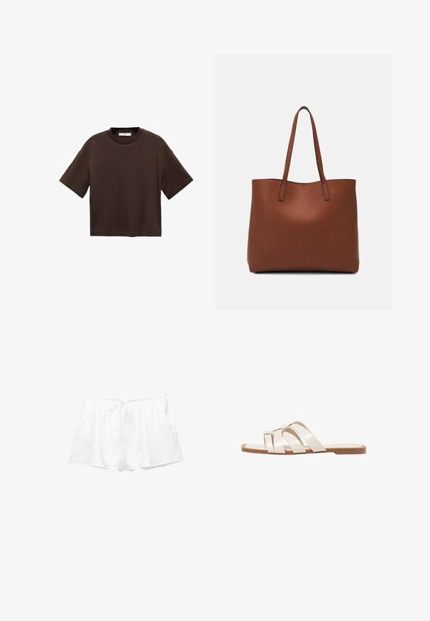 Braun t-Shirt mit kurzen Ärmeln aus weicher Baumwolle. Verfügt über einen runden Ausschnitt und einen kastigen Schnitt, mit einer glatten Textur und ohne sichtbare Muster.; Weiße Baumwollshorts mit einem elastischen Bund, verstellbarem Kordelzug und Seitentaschen. Weicher Stoff und schlichtes Design mit lockerer Passform.; Flache Sandalen mit einer honigfarbenen Gummisohle, gestaltet mit drei überlappenden weißen Lederriemen und einem kleinen Schleifendetail in der Mitte.; Braune Leder-Tote mit glatter Textur, offenem Oberteil und zwei Schulterriemen. Verfügt über minimale Nähte und keine sichtbaren Beschläge.