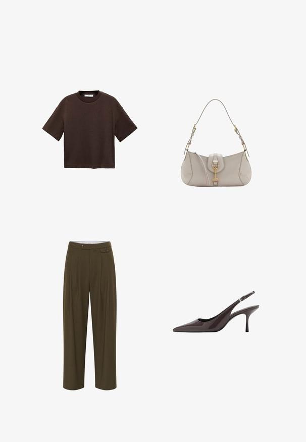 Hnedé tričko s krátkym rukávom vyrobené z mäkké bavlny. Má okrúhly výstrih a voľný strih, s hladkou textúrou a bez viditeľných vzorov.; Olivovo zelené nohavice s vysokým pásom, plisovaním, priame nohy, dve predné vrecká a gombíkovým zapínaním.; Sandalové topánky s špicatou špičkou v tmavo hnedých patentovaných kožách, vybavené štíhlym vysokým opätkom a nastaviteľným členkovým remienkom so sponou.; Svetlo šedá kožená kabelka s zakriveným tvarom, zlatými kovovými prvkami, predným zapínaním a prešitými detailmi. Súčasťou je nastaviteľný ramenný popruh.