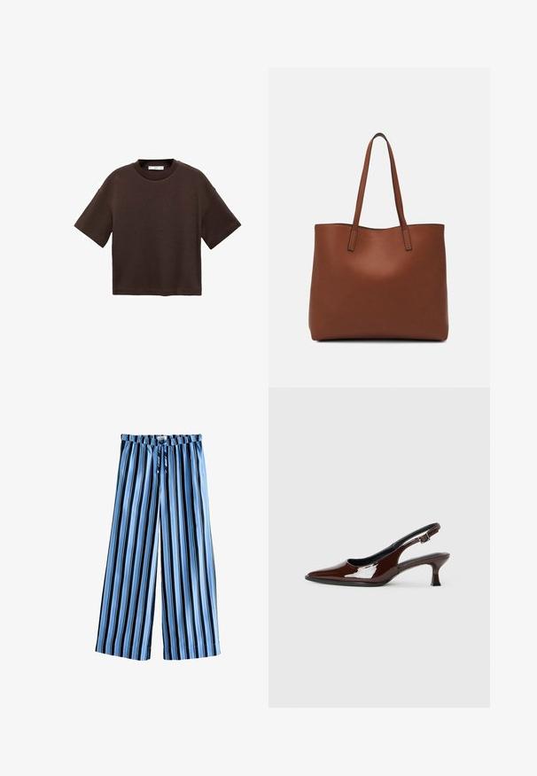 Tricou scurt cu mânecă scurtă, de culoare maro, fabricat din bumbac moale. Are un decolteu rotund și o croială tip boxy, cu o textură netedă și fără modele vizibile.; Pantaloni largi raiati în bleu deschis și bleumarin, cu talie cu șnur, dintr-un material moale și cu o siluetă lejeră pentru confort.; Pantofii slingback din piele patent maro, cu vârful ascuțit și un toc moderat. Prezintă o curea cu prindere pentru o potrivire sigură. Textură netedă.; Geantă de umăr din piele maro cu o textură netedă, design cu vârf deschis și două curele pentru umăr. Prezintă cusături minime și fără componente metalice vizibile.