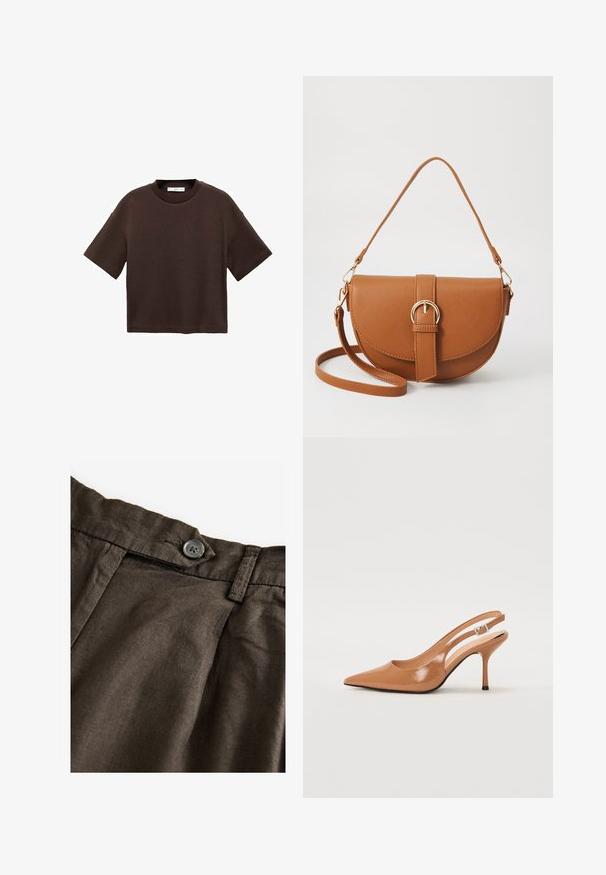 Bruine T-shirt met korte mouwen, gemaakt van zachte katoen. Heeft een ronde halslijn en een recht model, met een gladde textuur en geen zichtbare patronen.; Bruine linnen pantalons met een knoopsluiting, plooien aan de voorkant en een gestructureerde stof. De tailleband is stevig en heeft zichtbare stiksels.; Puntige slingback hak in een glad, glanzend beige materiaal. Bevat een gebogen uitsnijdontwerp en een slanke stiletto hak. Zilveren gesp detail.; Bruine leren schoudertas met een gebogen vorm, gouden hardware en een gespaccent. Bevat een afneembare schouderriem.