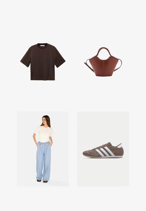 Brown short-sleeve t-shirt made of soft cotton. Features a round neckline and a boxy fit, with a smooth texture and no visible patterns.; Light blue wide-leg trousers with a drawstring waist and side pockets. Paired with a white scalloped-hem short-sleeve shirt. Black platform sandals.; Brown suede athletic shoe with white stripes, round toe, lace-up design, and gum rubber sole. Textured upper with stitching details.; Brown leather handbag with a conical shape, sturdy handles, and contrasting white stitching. Features a detachable shoulder strap for versatility.