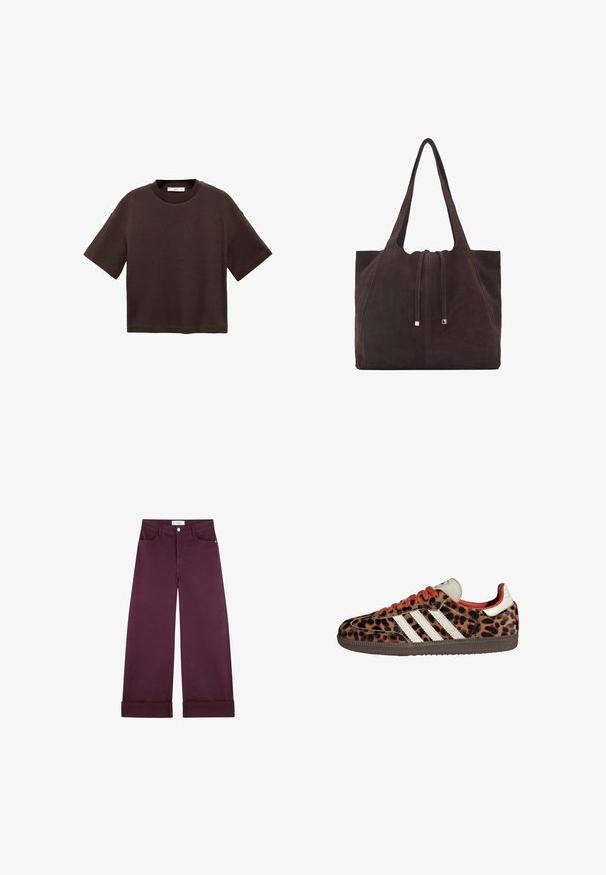 T-shirt marron à manches courtes en coton doux. Dispose d'un col rond et d'une coupe ample, avec une texture lisse et sans motifs visibles.; Pantalons à jambe large en denim bourgogne profond, dotés de poches avant, d'une fermeture à bouton et d'un ourlet roulé pour plus de détail.; Baskets en imprimé léopard avec un matériau en suède, lacets rouges et trois rayures blanches sur le côté. Présente une languette de couleur crème et une semelle marron.; Mango Cabas - dark brown