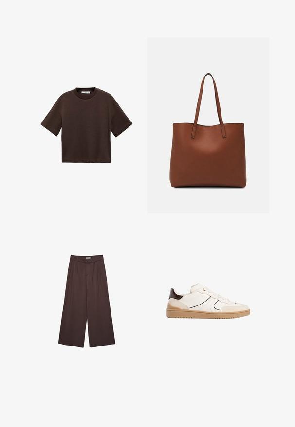 Hnedé tričko s krátkym rukávom vyrobené z mäkké bavlny. Má okrúhly výstrih a voľný strih, s hladkou textúrou a bez viditeľných vzorov.; Hnedé široké nohavice vyrobené z mäkkej látky, s plisovaním v páse a bočnými vreckami. Strih prispôsobený postave s pohodlným strihom.; Stradivarius Tenisky - white; Hnedá kožená taška na rameno s hladkou textúrou, otvoreným vrchom a dvoma ramenými popruhmi. Má minimálne šitia a žiadne viditeľné kovania.