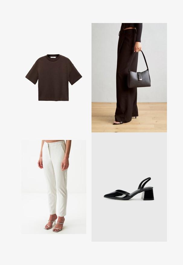 T-shirt marron à manches courtes en coton doux. Dispose d'un col rond et d'une coupe ample, avec une texture lisse et sans motifs visibles.; Un pantalon à rayures blanches au fit ajusté avec une texture lisse et une fermeture éclair dissimulée. Accompagné de sandales à talons hauts argentées à lanières.; Escarpins en cuir verni noir avec bout pointu et talon bloc géométrique. Présente un design élégant et minimaliste ainsi qu'une texture lisse.; Sac à main noir à la forme structurée, texture lisse et fermoir métallique. Associé à un pantalon noir ample et des sandales ouvertes sur un sol en bois.