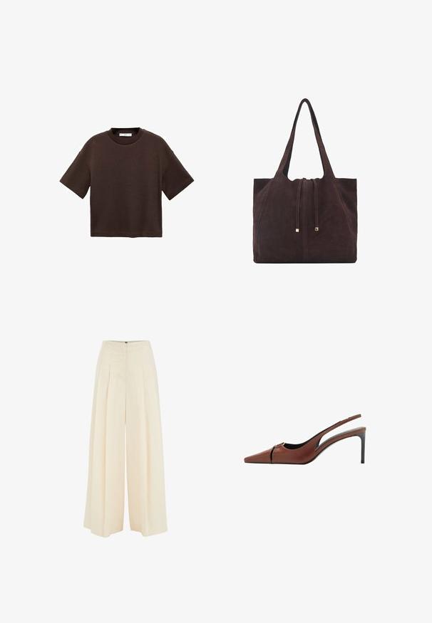 Brun kortærmet t-shirt lavet af blød bomuld. Har en rund halsudskæring og en boxy pasform, med en glat tekstur og ingen synlige mønstre.; Bredde bukser i lys beige stof, med plisseret frontdesign, høj talje og glat tekstur. Ingen synlig hardware eller mønstre.; Brun læder slingback hæl med spids tå, udskæring ved vampen og en elegant stiletto hæl. Glat tekstur.; Mango Shopping bags - dark brown