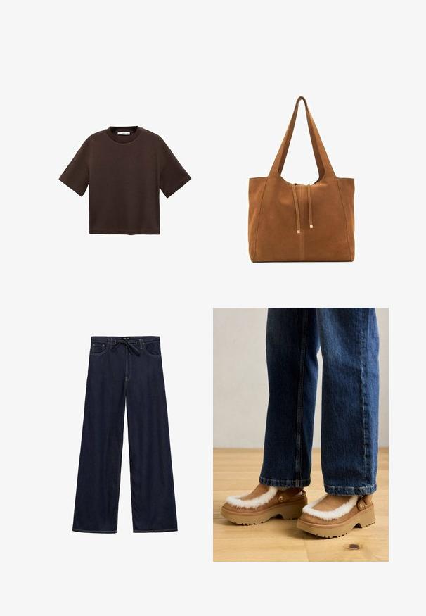 Tricou scurt cu mânecă scurtă, de culoare maro, fabricat din bumbac moale. Are un decolteu rotund și o croială tip boxy, cu o textură netedă și fără modele vizibile.; Pantaloni din denim albastru închis, cu croi larg, dotati cu un talie cu șnur, având cusături galbene și un design cu cinci buzunare.; Cloguri din suede maro cu ornament din blană artificială albă și tălpi din cauciuc bej, având accesorii cu catarame pe laterale și o talpă groasă, purtate cu blugi albaștri.; Geantă tote din suede maro cu două mânere lungi, închidere prin șnur și un design minimalistic. Textură netedă și fără accente vizibile de hardură.