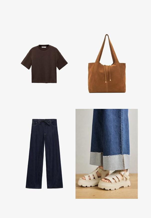 Bruine T-shirt met korte mouwen, gemaakt van zachte katoen. Heeft een ronde halslijn en een recht model, met een gladde textuur en geen zichtbare patronen.; Wijd-uitlopende donkerblauwe denim broeken met een verstelbare tailleband, voorzien van gele stiksels en een vijf-pocket ontwerp.; Beige platform sandalen met dikke zolen hebben een gestructureerd ontwerp en verstelbare enkelriemen. Gecombineerd met brede denim broeken, waarvan één zoom is geverfd.; Bruine suède schoudertas met twee lange hengsels, trekkoordsluiting en minimalistisch ontwerp. Gladde textuur en geen zichtbare hardware-accenten.
