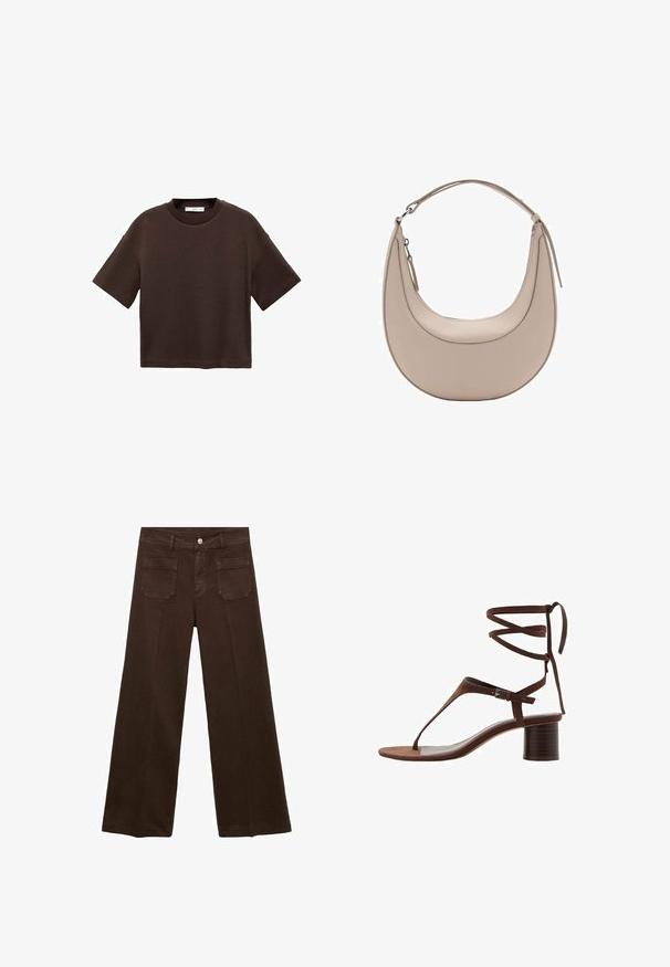 Tricou scurt cu mânecă scurtă, de culoare maro, fabricat din bumbac moale. Are un decolteu rotund și o croială tip boxy, cu o textură netedă și fără modele vizibile.; Jeanși largi, maro, din denim, cu talie înaltă, două buzunare la spate și închidere prin buton în față. Textură netedă, formă dreaptă.; Sandale cu toc înalt din suede maro, cu o curea triangulară pentru degete, legături la glezne și un toc bloc texturat pentru stabilitate.; Geantă de umăr din piele bej, cu o formă de semilună, textură netedă și un singur mânere curbat. Dispune de o închidere cu fermoar și cusături bine realizate.