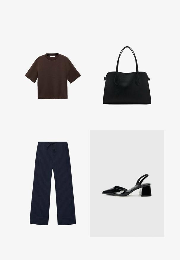 Bruine T-shirt met korte mouwen, gemaakt van zachte katoen. Heeft een ronde halslijn en een recht model, met een gladde textuur en geen zichtbare patronen.; Marineblauwe wijde broek met een gestreept patroon, voorzien van een elastische tailleband met een trekkoord, zijzakken en een textuurstof.; Zwarte gepatineerde leren slingback hakken met een spitse neus en een geometrische blokhak. Kenmerkt zich door een slank, minimalistisch ontwerp en een gladde textuur.; Zwarte leren handtas met dubbele schouderriemen, rechthoekige vorm en minimalistisch ontwerp op een witte achtergrond.