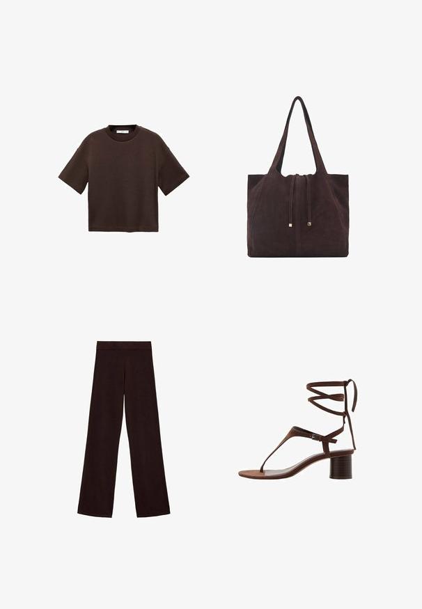 Bruine T-shirt met korte mouwen, gemaakt van zachte katoen. Heeft een ronde halslijn en een recht model, met een gladde textuur en geen zichtbare patronen.; Bruine wijde broek gemaakt van zachte stof, met een brede tailleband en een soepele textuur, zonder zichtbare patronen of hardware.; Bruine suède hoge hak sandaal met een driehoekige teband, enkellinten en een gestructureerde blokhak voor stabiliteit.; Mango Shopper - dark brown