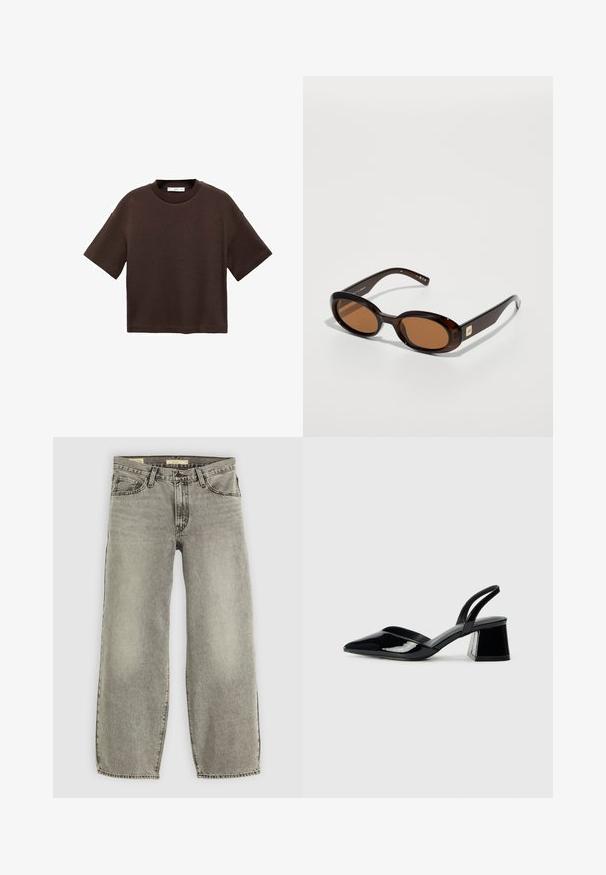 Brown short-sleeve t-shirt made of soft cotton. Features a round neckline and a boxy fit, with a smooth texture and no visible patterns.; Light gray, wide-leg jeans made of denim. Features traditional five-pocket styling and slight fading throughout the fabric.; Black patent leather slingback heels with a pointed toe and a geometric block heel. Features a sleek, minimal design and smooth texture.; Brown tortoiseshell sunglasses with oval lenses, featuring a thin frame and a small metallic accent on the side. Textured and polished finish.; Black leather hobo bag with a smooth texture, curved shape, and single adjustable strap; features a wide opening at the top.