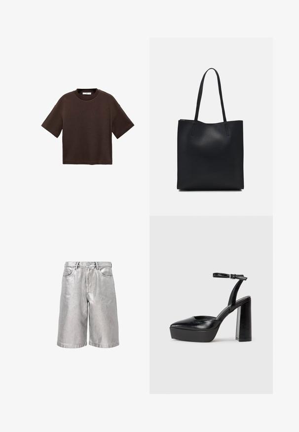 Bruine T-shirt met korte mouwen, gemaakt van zachte katoen. Heeft een ronde halslijn en een recht model, met een gladde textuur en geen zichtbare patronen.; Metalen zilveren denim shorts met een losse pasvorm, voorzien van vijf zakken, riemlussen en een omgeslagen zoom. Soepele textuur met een reflecterende afwerking.; Zwarte plateauhakken met een puntige neus en verstelbare enkelband. Gemaakt van soepel leer, met een robuuste blokhak.; Zwarte leren handtas met een gladde textuur, rechthoekige vorm en twee lange handvaten. Geen zichtbare hardware of versieringen.