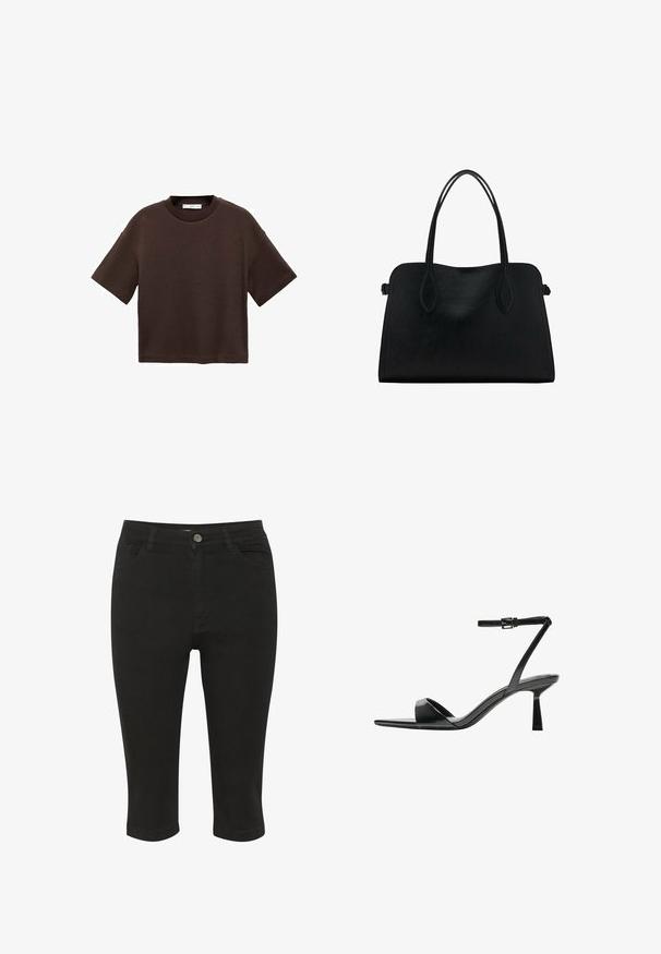 Smeđi kratki rukav majica od mekog pamuka. Ima okrugli izrez i širok kroj, s glatkom teksturom i bez vidljivih uzoraka.; Crne traperice capri s pripijenim dizajnom, prednjim džepovima i jednim gumbom za zatvaranje, s glatkom teksturom i do gležnjeva.; Bershka Sandale s visokom petom - black; Crna kožna torba s dvostrukim naramenicama, pravokutnog oblika i minimalističkim dizajnom na bijeloj pozadini.