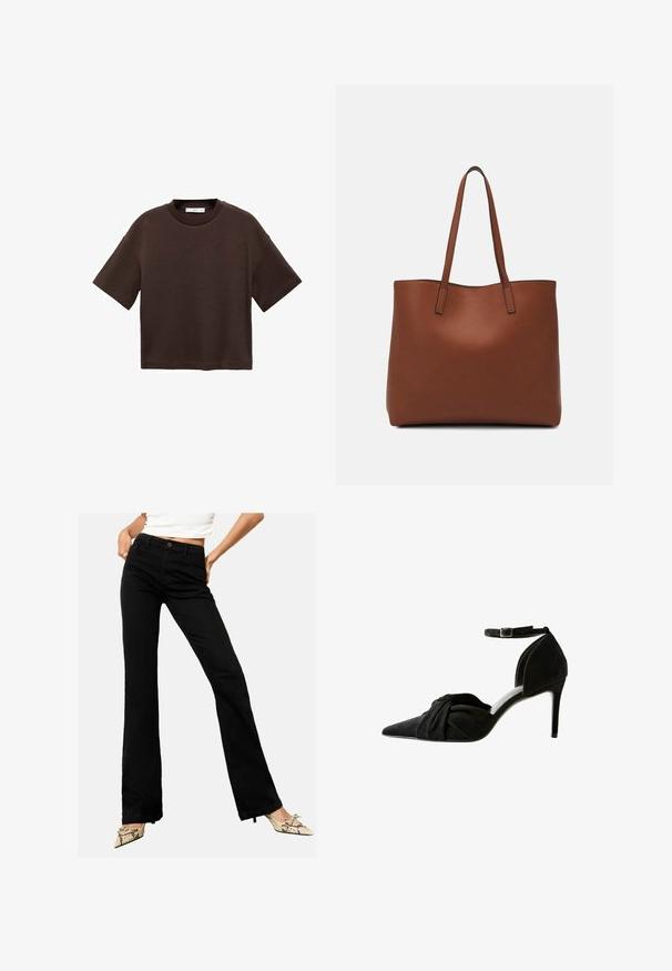 Hnědé tričko s krátkým rukávem vyrobené z měkké bavlny. Má kulatý výstřih a volný střih, s hladkou strukturou a bez viditelných vzorů.; Černé zvonové džíny vyrobené z denimu, s předním zapínáním na knoflík a designem s pěti kapsami, vystavené na neutrálním pozadí.; Černá semišová vysoká bota na podpatku s špičatou špičkou, uzlovým detailem v přední části, páskem kolem kotníku a tenkým jehlovým podpatkem.; Hnědá kožená taška přes rameno s hladkou texturou, otevřeným designem a dvěma ramenními popruhy. Obsahuje minimální švy a žádné viditelné kovové prvky.