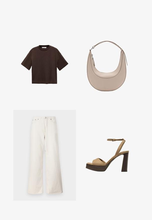Hnedé tričko s krátkym rukávom vyrobené z mäkké bavlny. Má okrúhly výstrih a voľný strih, s hladkou textúrou a bez viditeľných vzorov.; Biele široké džínsové nohavice s elastickým pásom, prednými vreckami a jemnými detailami šitia. Vyrobené z odolného bavlneného materiálu.; Bežové semišové sandále na vysokom opätku s širokým predným pásom a pásikom okolo členka, ktoré majú masívny drevený blokový opätok s textúrovaným povrchom.; Béžová kožená taška cez rameno s polkruhovým tvarom, hladkou textúrou a jedným zakriveným uchom. Obsahuje zipsové uzatváranie a úhľadné švy.