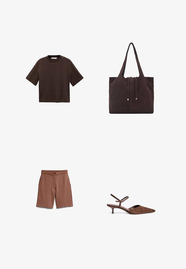 Bruine T-shirt met korte mouwen, gemaakt van zachte katoen. Heeft een ronde halslijn en een recht model, met een gladde textuur en geen zichtbare patronen.; Bruine shorts met een gladde textuur, een brede tailleband, steekzakken aan de voorkant en verticale stiksels. Gemaakt met een getailleerd ontwerp en een knoopsluiting.; Bruine suède slingback schoen met een puntige neus, dunne enkelband en een lage, taps toelopende hak. Glad interieur en minimalistisch ontwerp.; Mango Shopper - dark brown