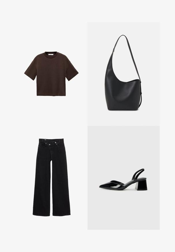 Braun t-Shirt mit kurzen Ärmeln aus weicher Baumwolle. Verfügt über einen runden Ausschnitt und einen kastigen Schnitt, mit einer glatten Textur und ohne sichtbare Muster.; Schwarze hochtaillierte weit geschnittene Jeans mit Fronttaschen, Gürtelschlaufen und doppelt geknöpftem Verschluss.; Schwarze Lackleder-Slingback-High Heels mit spitzem Schuh und einem geometrischen Blockabsatz. Verfügt über ein schlankes, minimalistisches Design und eine glatte Textur.; Schwarze Leder-Hobo-Tasche mit einer glatten Textur, geschwungener Form und einem einzelnen verstellbaren Tragegurt; verfügt über eine weite Öffnung am oberen Ende.