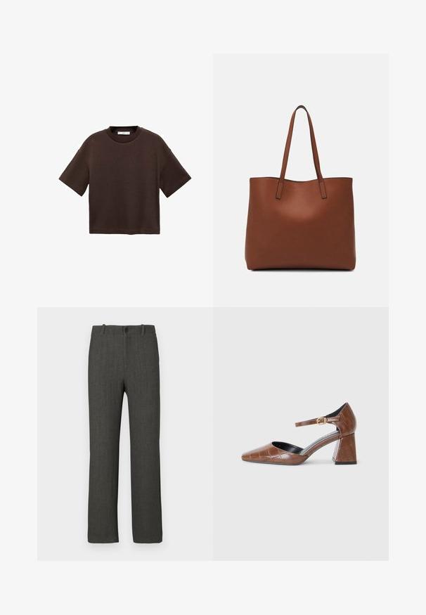 Braun t-Shirt mit kurzen Ärmeln aus weicher Baumwolle. Verfügt über einen runden Ausschnitt und einen kastigen Schnitt, mit einer glatten Textur und ohne sichtbare Muster.; Graue Hose mit glatter Textur, geradem Bein und dezentem Karierverschluss. Verfügt über einen Knopfverschluss und Gürtelschlaufen.; Braune patentierte Lederpumps mit quadratischer Zehenform, strukturiertem Krokodilmuster, Knöchelriemen mit goldener Schnalle und blockiertem Absatz.; Braune Leder-Tote mit glatter Textur, offenem Oberteil und zwei Schulterriemen. Verfügt über minimale Nähte und keine sichtbaren Beschläge.