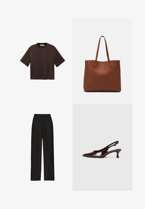 Bruine T-shirt met korte mouwen, gemaakt van zachte katoen. Heeft een ronde halslijn en een recht model, met een gladde textuur en geen zichtbare patronen.; Zwarte, brede broek van lichtgewicht stof met een elastische tailleband en geplooide details. Geen zakken of andere versieringen.; Bruine gepatineerde leren slingback-schoen met een spitse neus en een gematigd hakje. Voorzien van een gespsluiting voor een veilige pasvorm. Glad van textuur.; Bruine leren tote bag met een gladde textuur, een ontwerp met een open bovenkant en twee schouderbanden. Kenmerkt zich door minimale stiksels en geen zichtbare hardware.