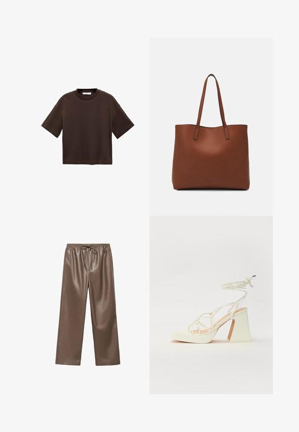 Brown short-sleeve t-shirt made of soft cotton. Features a round neckline and a boxy fit, with a smooth texture and no visible patterns.; Brown faux leather wide-leg pants with an elastic waistband, featuring a drawstring tie and smooth texture throughout.; White high-heeled sandal with a chunky heel, featuring a strappy design and ankle tie. Smooth texture with a platform front for added height.; Brown leather tote bag with a smooth texture, open top design, and two shoulder straps. Features minimal stitching and no visible hardware.