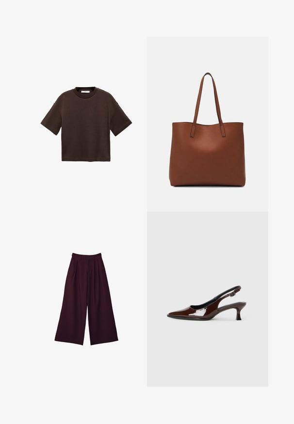 Hnědé tričko s krátkým rukávem vyrobené z měkké bavlny. Má kulatý výstřih a volný střih, s hladkou strukturou a bez viditelných vzorů.; Kalhoty s širokými nohavicemi v tmavě burgundské barvě, s sklady, vysokým pasem a dvěma bočními kapsami pro praktičnost a styl.; Hnědé lakované kožené slingback boty s špičatou špičkou a mírným podpatkem. Disponují přezkou pro bezpečné upevnění. Hladký povrch.; Hnědá kožená taška přes rameno s hladkou texturou, otevřeným designem a dvěma ramenními popruhy. Obsahuje minimální švy a žádné viditelné kovové prvky.