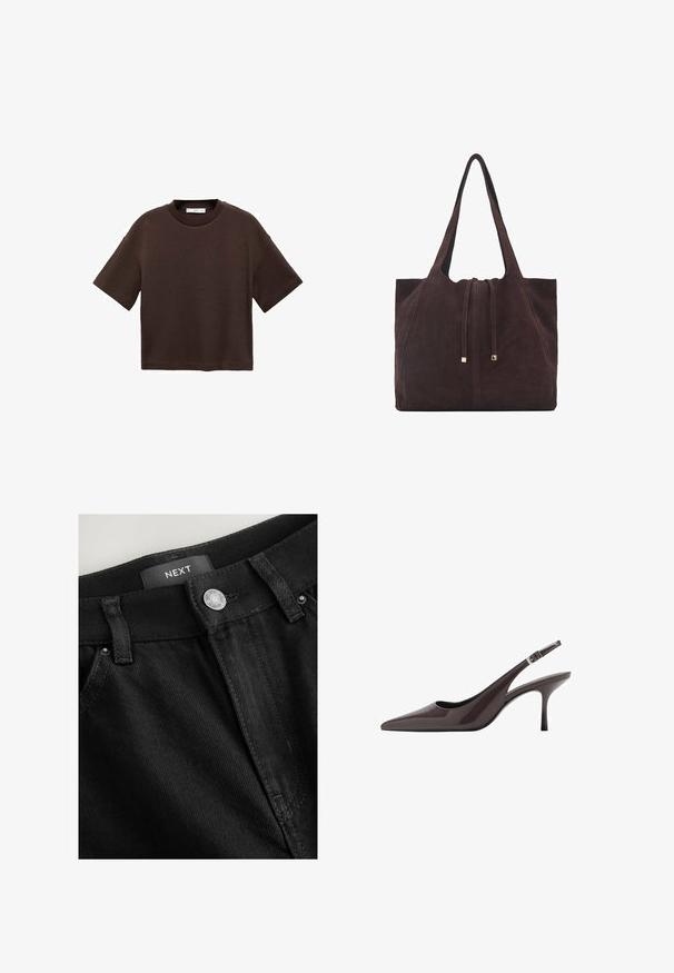 Braun majica s kratkimi rokavi, izdelana iz mehkega bombaža. Ima okroglo ovratnico in širok kroj, z gladko teksturo in brez vidnih vzorcev.; Črne jeans hlače z gumbom za zapiranje, zankami za pas in tonom šivanja. Oznaka "NEXT" vidna na pasu. Tekstura se zdi trdna.; Svetle črne slingback pete s pointed toe v temno rjavi lakirani usnjeni obliki, ki vključujejo vitko visoko peto in nastavljiv gleženjski trak z zaponko.; Mango Torba za nakupovanje - dark brown