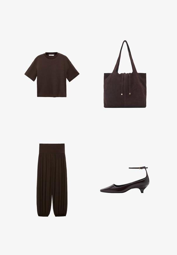 Tricou scurt cu mânecă scurtă, de culoare maro, fabricat din bumbac moale. Are un decolteu rotund și o croială tip boxy, cu o textură netedă și fără modele vizibile.; Pantaloni plisati maro cu un talie elastică și lată. Țesătura este ușoară și texturată, având tivuri strânse la manșete.; Pantofii din piele de culoare maro închis, cu vârful ascuțit și toc kitten, sunt prevăzuți cu o curea subțire pentru glezna piciorului și o cataramă mică aurie.; Mango Geantă de pânză - dark brown