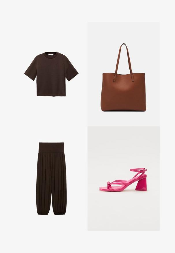Brown short-sleeve t-shirt made of soft cotton. Features a round neckline and a boxy fit, with a smooth texture and no visible patterns.; Brown pleated pants with a wide, elastic waistband. The fabric is lightweight and textured, featuring gathered hems at the cuffs.; Pink patent leather heeled sandals with a square toe, narrow straps, and a geometric block heel. Features a buckle detail on the strap.; Brown leather tote bag with a smooth texture, open top design, and two shoulder straps. Features minimal stitching and no visible hardware.
