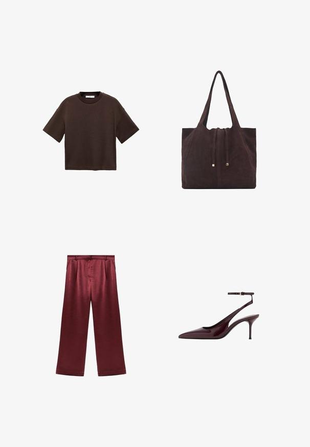 Bruine T-shirt met korte mouwen, gemaakt van zachte katoen. Heeft een ronde halslijn en een recht model, met een gladde textuur en geen zichtbare patronen.; Bordeaux brede broek van satijn met een gladde textuur, met een hoge taille en twee zijzakken voor functionele details.; Bordeaux gepatineerd leren puntige slingback pump met dunne enkelband en halfhoge stiletto hak op een witte achtergrond.; Mango Shopper - dark brown