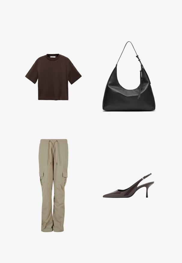 Brown short-sleeve t-shirt made of soft cotton. Features a round neckline and a boxy fit, with a smooth texture and no visible patterns.; Beige cargo pants made from lightweight fabric, featuring a drawstring waistband, side pockets, and a relaxed fit for comfort.; Pointed toe slingback heels in dark brown patent leather, featuring a slender high heel and an adjustable ankle strap with a buckle.; Black leather shoulder bag with a curved shape, smooth texture, and a long adjustable strap. Features a subtle knot detail and minimalistic design.
