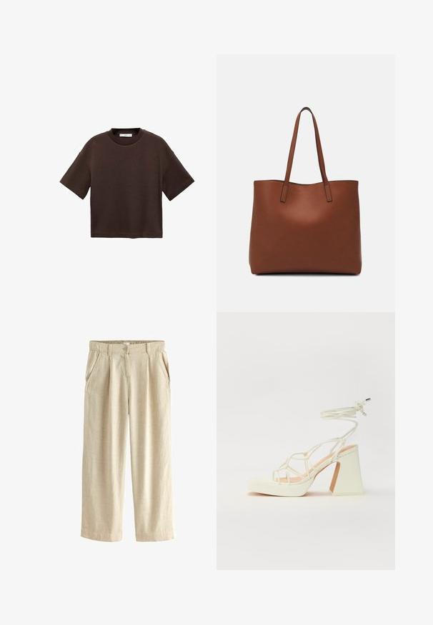 Tricou scurt cu mânecă scurtă, de culoare maro, fabricat din bumbac moale. Are un decolteu rotund și o croială tip boxy, cu o textură netedă și fără modele vizibile.; Next BLEND WIDE LEG - Pantaloni - natural; Sandale albe cu toc înalt și gros, cu un design cu curele și legătură la gleznă. Textură netedă, cu o platformă frontală pentru înălțime suplimentară.; Geantă de umăr din piele maro cu o textură netedă, design cu vârf deschis și două curele pentru umăr. Prezintă cusături minime și fără componente metalice vizibile.