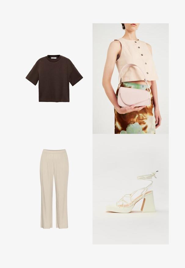 Brown short-sleeve t-shirt made of soft cotton. Features a round neckline and a boxy fit, with a smooth texture and no visible patterns.; Beige, lightweight, wide-leg pants made from a textured fabric with an elastic waistband and no visible fastenings.; White high-heeled sandal with a chunky heel, featuring a strappy design and ankle tie. Smooth texture with a platform front for added height.; Pink leather handbag with a curved flap, single shoulder strap, and clean lines. The bag exhibits a smooth texture and minimalistic design.