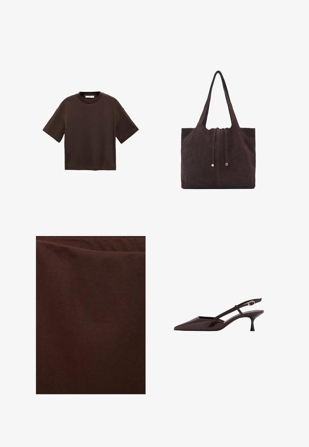 Hnedé tričko s krátkym rukávom vyrobené z mäkké bavlny. Má okrúhly výstrih a voľný strih, s hladkou textúrou a bez viditeľných vzorov.; Tmavohnedá tkanina, hladká textúra, mierne lesklý povrch, bez viditeľných vzorov alebo akcentov, s čistým a jednoduchým dizajnom.; Tmavohnedé lakované slingback lodičky s špicatou špičkou, nízkym kitten podpätkom a nastaviteľným zlatým sponovým pásikom.; Mango Veľká kabelka - dark brown