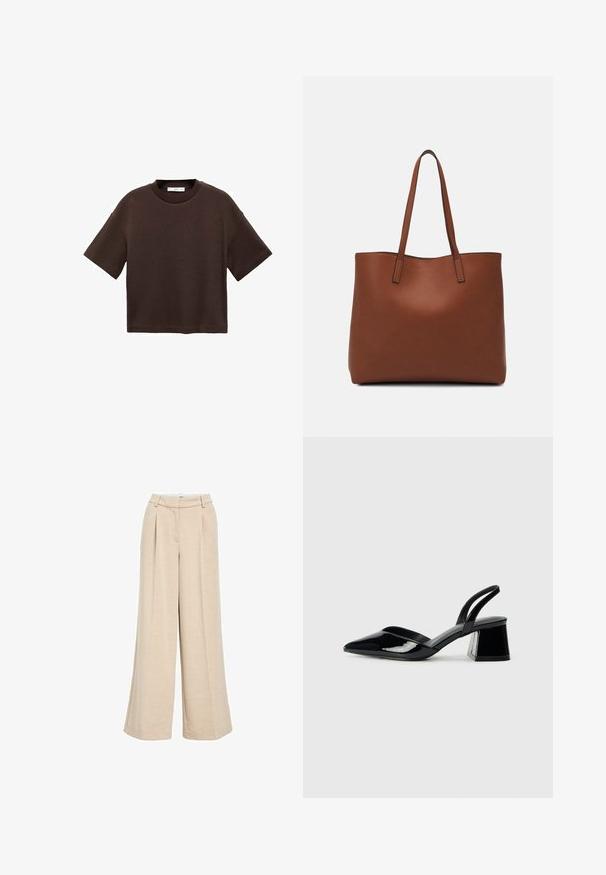 Brun kortärmad t-shirt i mjuk bomull. Har en rund halsringning och en boxig passform, med en slät textur och inga synliga mönster.; Ljust beigevida byxor i texturerad tyg, med hög midja, framveck och sidofickor för ökad funktionalitet.; Svarta lackläder slingback klackar med spetsig tå och geometrisk klack. Har en elegant, minimalistisk design och slät yta.; Brun läder tote-väska med en slät textur, öppen toppdesign och två axelremmar. Har minimal söm och ingen synlig metalldetalj.