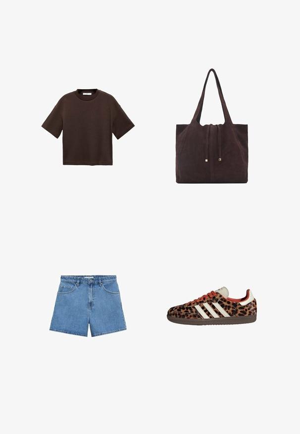 Brązowa koszulka z krótkim rękawem, wykonana z miękkiej bawełny. Posiada okrągły dekolt i luźny krój, charakteryzuje się gładką fakturą i brakiem widocznych wzorów.; Jasnoniebieskie szorty dżinsowe z wysokim stanem, pięcioma kieszeniami i zapięciem na guziki. Prosty krój z czystym dołem.; Sneakers w nadrukiem lamparta z zamszowego materiału, czerwonymi sznurówkami i trzema białymi paskami z boku. Wyróżniają się kremowym językiem i brązową podeszwą.; Mango - Torba na zakupy