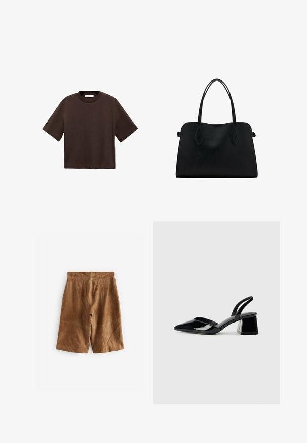 Bruine T-shirt met korte mouwen, gemaakt van zachte katoen. Heeft een ronde halslijn en een recht model, met een gladde textuur en geen zichtbare patronen.; Bruine suede shorts met een relaxte pasvorm, voorzien van subtiele stiksels en een middelhoge tailleband. Soepele textuur zonder zichtbare hardware.; Zwarte gepatineerde leren slingback hakken met een spitse neus en een geometrische blokhak. Kenmerkt zich door een slank, minimalistisch ontwerp en een gladde textuur.; Zwarte leren handtas met dubbele schouderriemen, rechthoekige vorm en minimalistisch ontwerp op een witte achtergrond.