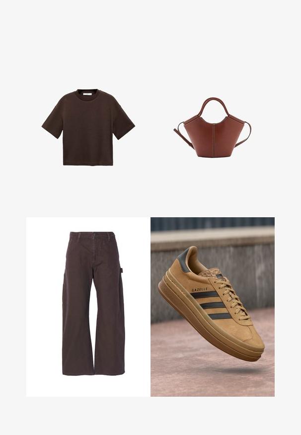 Brązowa koszulka z krótkim rękawem, wykonana z miękkiej bawełny. Posiada okrągły dekolt i luźny krój, charakteryzuje się gładką fakturą i brakiem widocznych wzorów.; Brązowe spodnie cargo z szerokimi nogawkami, wykonane z mocnego materiału. Posiadają kieszenie boczne oraz zapięcie na guzik. Proste detale szycia.; Beżowe zamszowe sneakersy o gładkiej fakturze, z trzema ciemnymi paskami, zaokrąglonym noskiem i grubszą podeszwą z wzorzystym wykończeniem.; Brązowa skórzana torba o stożkowatym kształcie, mocne uchwyty i kontrastowe białe przeszycia. W zestawie odpinany pasek na ramię, co daje możliwość różnorodnego noszenia.