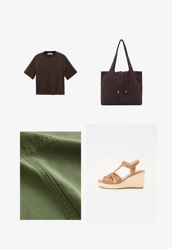 T-shirt marron à manches courtes en coton doux. Dispose d'un col rond et d'une coupe ample, avec une texture lisse et sans motifs visibles.; Next Short en jean - khaki green; Sandales compensées en tan avec un design à lanières croisées, boucle réglable à la cheville et une semelle compensée en espadrille tissée texturée.; Mango Cabas - dark brown