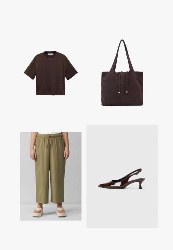 Brown short-sleeve t-shirt made of soft cotton. Features a round neckline and a boxy fit, with a smooth texture and no visible patterns.; Olive green, wide-leg pants with an elastic waistband and adjustable drawstring. Soft fabric with a smooth texture and cropped length.; Brown patent leather slingback shoe with a pointed toe and a moderate heel. Features a buckle strap for secure fit. Smooth texture.; Mango Tote bag - dark brown