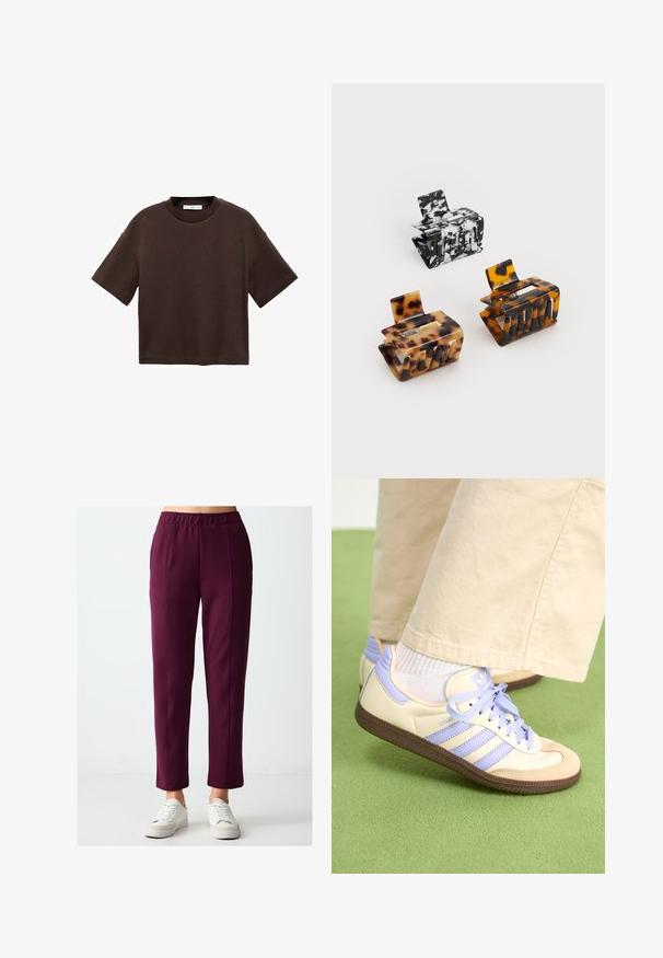Brown short-sleeve t-shirt made of soft cotton. Features a round neckline and a boxy fit, with a smooth texture and no visible patterns.; Maroon pull-on trousers with a straight leg cut, featuring a smooth texture and contrast stitching. Paired with white sneakers.; Cream and lavender sneakers with three stripes and a textured brown sole, featuring laces and a padded heel. Soft fabric upper.; Three hair clips: one black and white marbled, two tortoiseshell in brown and black hues, all made of glossy plastic with a textured finish.