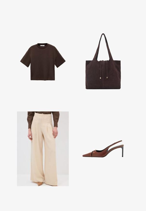 Brown short-sleeve t-shirt made of soft cotton. Features a round neckline and a boxy fit, with a smooth texture and no visible patterns.; Beige wide-leg trousers with a high waist, pleats at the front, and a smooth texture, paired with light-colored heels.; Brown leather slingback heel with a pointed toe, cutout detail at the vamp, and a sleek stiletto heel. Smooth texture.; Mango Tote bag - dark brown