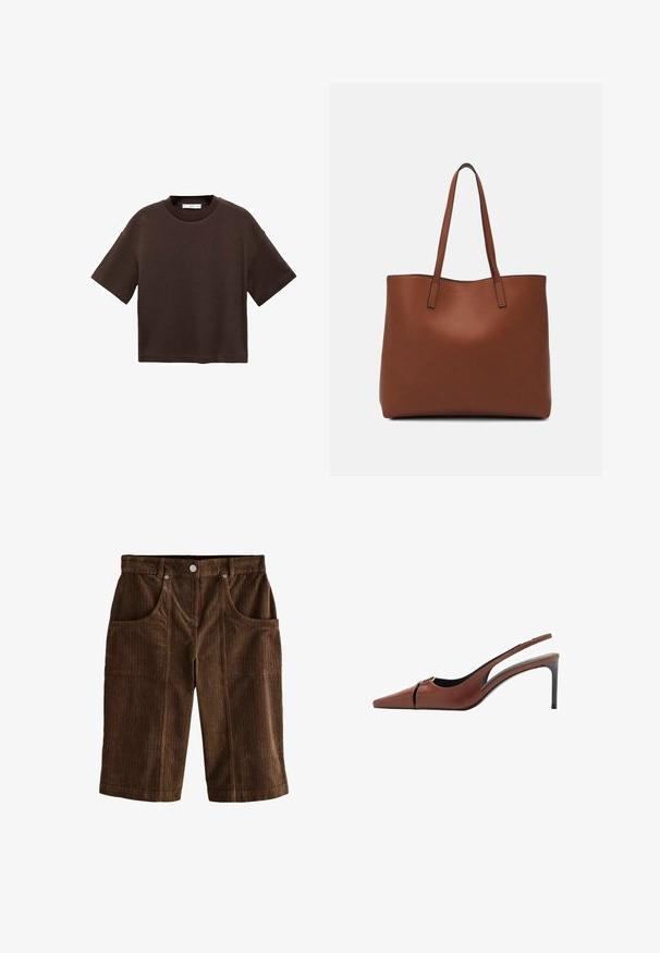 Brown short-sleeve t-shirt made of soft cotton. Features a round neckline and a boxy fit, with a smooth texture and no visible patterns.; Brown corduroy shorts featuring a textured vertical stripe pattern, two front pockets, and a button closure at the waistband.; Brown leather slingback heel with a pointed toe, cutout detail at the vamp, and a sleek stiletto heel. Smooth texture.; Brown leather tote bag with a smooth texture, open top design, and two shoulder straps. Features minimal stitching and no visible hardware.
