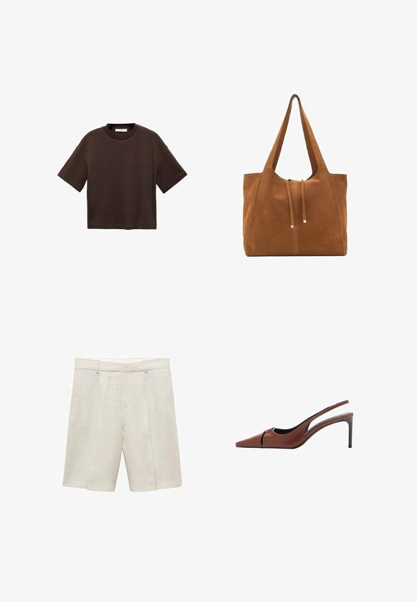 Brown short-sleeve t-shirt made of soft cotton. Features a round neckline and a boxy fit, with a smooth texture and no visible patterns.; Beige linen shorts with a tailored fit, featuring a flat front, double pleats, and belt loops. Smooth texture, mid-thigh length.; Brown leather slingback heel with a pointed toe, cutout detail at the vamp, and a sleek stiletto heel. Smooth texture.; Brown suede tote bag with two long straps, drawstring closure, and minimalistic design. Smooth texture and no visible hardware accents.
