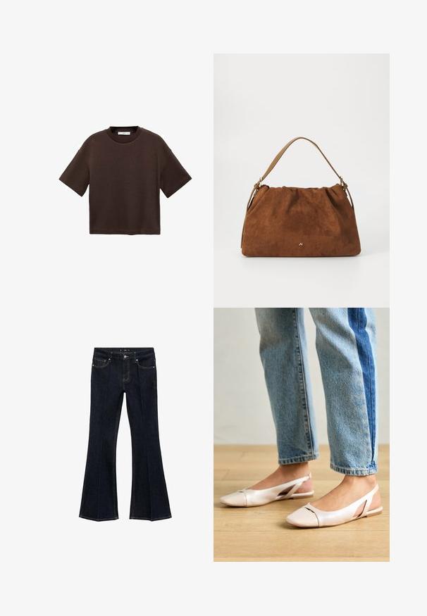 T-shirt marron à manches courtes en coton doux. Dispose d'un col rond et d'une coupe ample, avec une texture lisse et sans motifs visibles.; Jean en denim bleu foncé à taille haute, avec poches avant et jambes évasées larges, présentés à plat sur un fond blanc.; Ballerines slingback rose pâle avec un bout pointu, fabriquées en un matériau semblable au cuir lisse. Présentent des découpes sur les côtés et un talon plat.; Sac à main en daim marron avec un design plissé, arborant une seule sangle en cuir beige et un discret logo doré à l'avant.